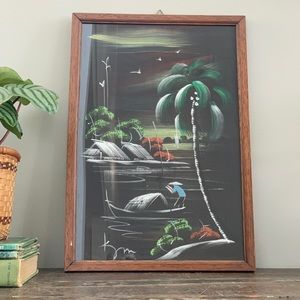 Framed Vintage tropic scene silk painting
